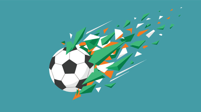 Soccer ball explosion bursting into sharp low poly shards in a modern flat vector graphic for sports media branding