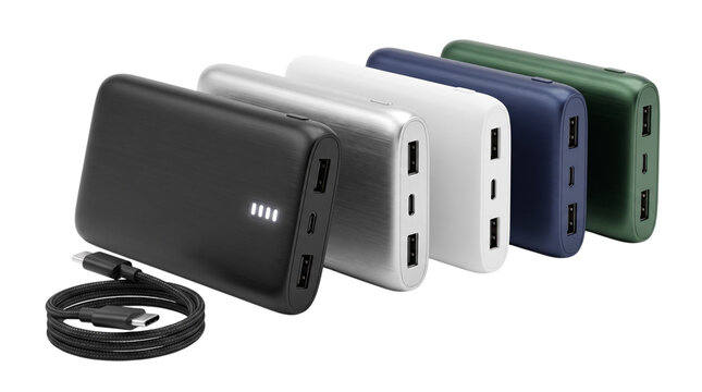 Portable power banks in various colors with usb cable, isolated on transparent background