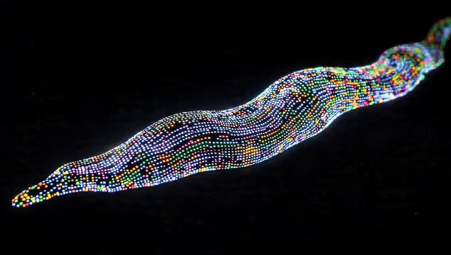 A microscopic view of a translucent flatworm or nematode shimmering with a vibrant, colorful iridescent mosaic pattern along its body, isolated against a stark, pitch black background.