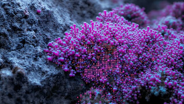 A macro view of a vibrant pink coral reef structure growing on textured gray underwater rocks, embedded with a glowing digital circuit grid pattern to illustrate cyber biotech integration.