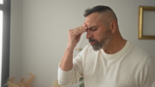 Middle-aged man pressing hand to forehead in a home living room, eyes closed and tense expression, framed picture and plant visible on wall; stress headache.