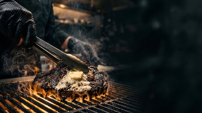Chef Grilling Juicy Steak with Butter and Flames on a Hot Grill