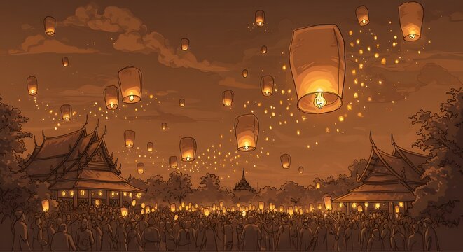 Night Sky Lantern Festival with Floating Sky Lanterns and Crowds at Traditional Temples