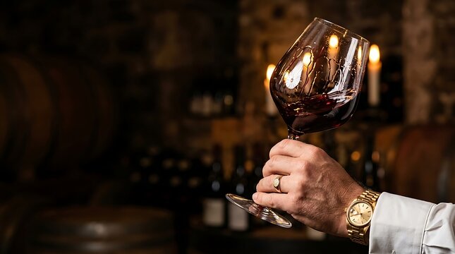 Man holding a glass of red wine in a cellar with wine barrels and bottles