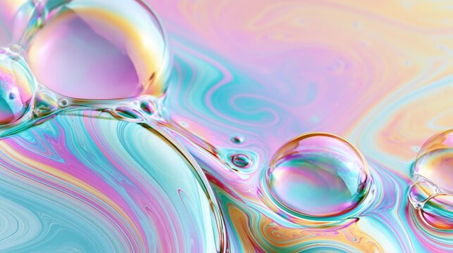 Smooth iridescent soap-bubble gradients swirling in pastel, abstract futuristic background with copy space