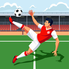Vector illustration of a football player doing a bicycle kick in stadium © Geocross