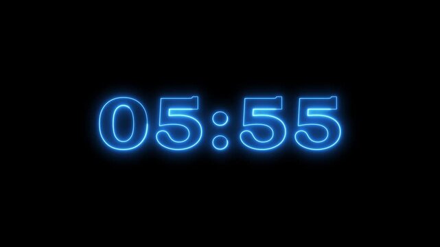 glowing neon 6 minute Countdown.. Neon blue digital countdown timer counting down from six minutes to five minutes.