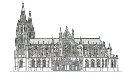 Obraz premium Cologne Cathedral Facade Drawing - Gothic Architecture Illustration