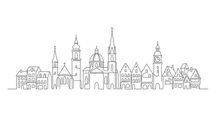 Obraz premium Continuous Line Drawing of European Cityscape with Diverse Architecture