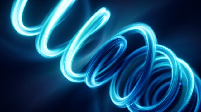 Abstract blue light rope spiraling in a dark space creating a dynamic glowing motion effect