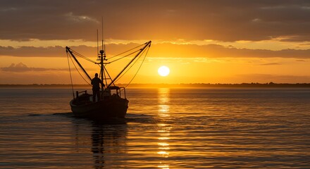Fototapeta premium Silhouette of Fishing Boat at Sunset on Calm Water with Bright Golden Sky