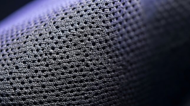 Macro close up of dark grey perforated mesh speaker grille fabric texture with selective focus