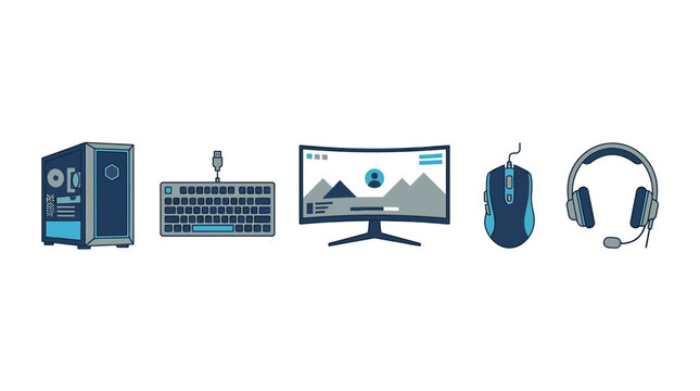 A modern flat design vector illustration showcasing a collection of essential icons for a PC gaming setup, including a tower, keyboard, mouse, headset, and monitor.