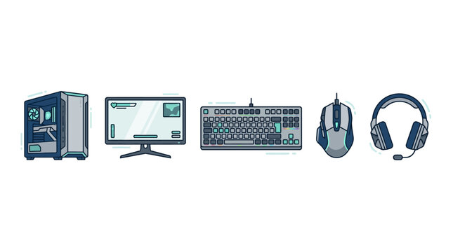 A modern flat design vector illustration showcasing a collection of essential icons for a PC gaming setup, including a tower, keyboard, mouse, headset, and monitor.
