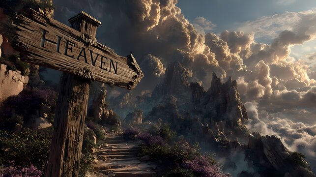 Ancient wooden sign points toward heavenly realm. Path winds through misty, cloud-draped mountains. Purple flowers bloom beside weathered stone steps. Dramatic sky glows with warm, divine light