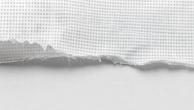 A minimalist abstract close-up of a white textured paper with a frayed, torn deckle edge running horizontally, casting a soft shadow over a smooth gray space, ideal for design backgrounds.
