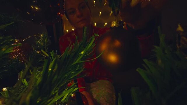 Creative Point of View From Inside a Christmas Tree as a Woman Carefully Places a Holiday Ornament Among Glowing Branches and Warm Fairy Lights