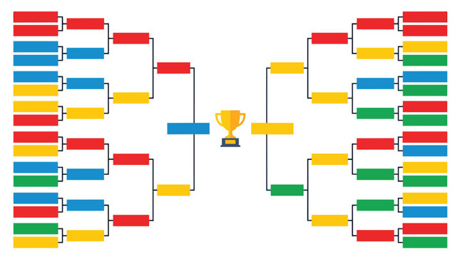 Tournament competition bracket with colorful team seedings and gold trophy in a clean flat vector for athletic event management