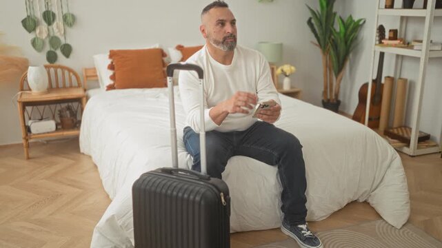 Man sitting on bed holding smartphone and suitcase handle, hand on chin in a building; contemplation.