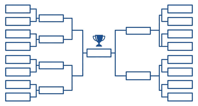 Tournament knockout bracket chart with trophy, blue lines on white