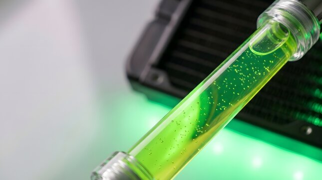 Close up of bright green liquid coolant flowing through transparent tube in computer cooling system