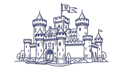 Fairytale Castle Drawing: Medieval Fortress with Towers and Flags © happy