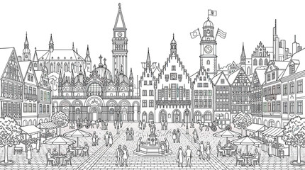 European Old Town Square Cityscape Line Art Illustration © happy