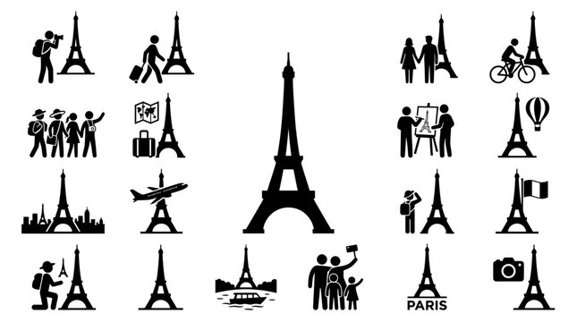 Eiffel Tower Icons: Paris Travel & Tourism Symbols