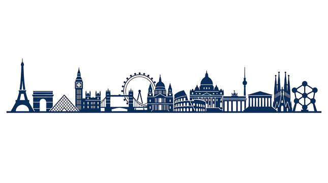 European City Skylines Silhouette - Paris, London, Berlin, Barcelona Landmarks