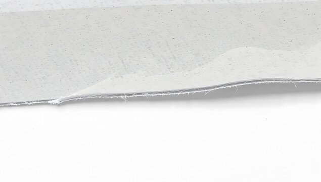 Minimalist abstract background featuring a torn white paper edge arranged horizontally with an organic, uneven rip, casting a soft shadow onto a clean white surface with ample copy space.