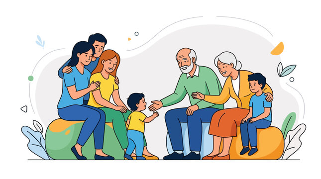 Modern vector illustration of a multi-generational family including grandparents, parents, and children sitting together and interacting on a white background with abstract shapes.