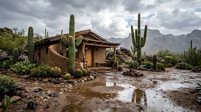 Small adobe house with saguaro cactus plants in the desert after rain. cozy cactus shelter