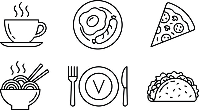 Set of simple black outline food icons featuring coffee noodles pizza breakfast taco and dinner table setting