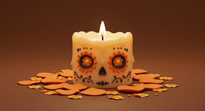 Decorative Sugar Skull Candle with Orange Flower Petals for D&Atilde;&shy;a De Los Muertos Celebration