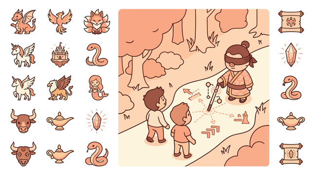 Flat vector illustration of a blindfolded guide leading two boys in a forest, with fantasy game icons like a dragon, unicorn, phoenix, kitsune, mermaid, and magic items.
