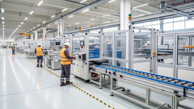 Modern battery manufacturing facility with workers in safety gear operating machinery, showcasing connected battery manufacturing ecosystem