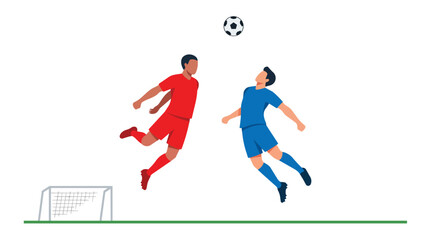 Obraz premium Soccer players jumping for header duel in minimalist flat vector design for athletic tournament advertising