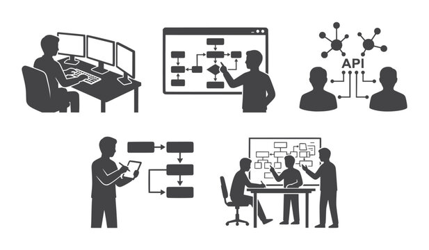 Software Developers Analyzing Code on Multiple Monitors in Flat Silhouette Vector Illustration