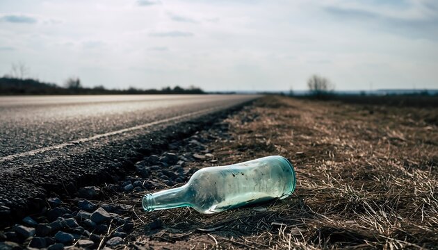 A discarded glass bottle lies on the edge of a deserted road, surrounded by dry grass and rocks under a cloudy sky