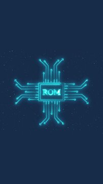 Digital rom chip concept glowing neon circuit board lines forming cross shape flickering motion background graphic technology animation isolated on dark blue screen wallpaper.