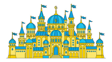 Enchanting Blue and Yellow Castle Illustration © happy