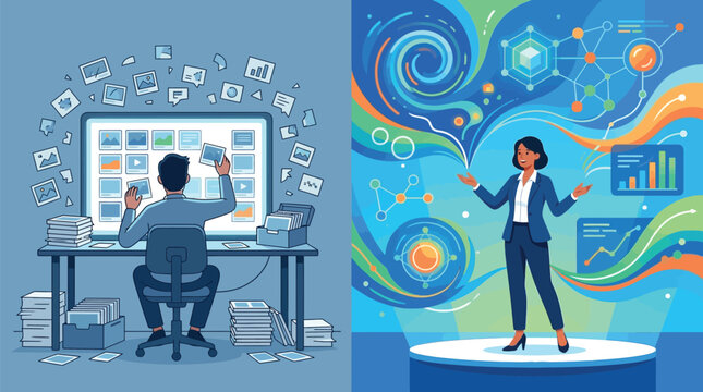 Flat vector illustration showing a split-screen contrast: a man organizing digital files at a messy desk and a woman presenting colorful data visualizations and creative analytics.