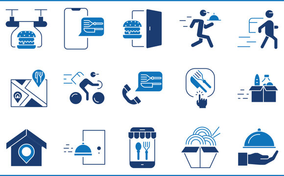 A set of icons related to Food Delivery. Food, hotel, location, home, burger, deliver, and so on.