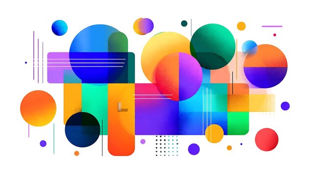 Vibrant abstract geometric banner featuring a creative composition of colorful overlapping circles, translucent rounded rectangles, and clean linear elements isolated on a white background.
