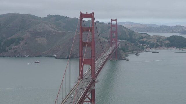 Golden Gate Bridge Both Towers, Aerial Shot, Overcast Day  With Traffic Below