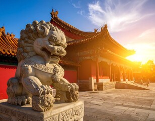 Fototapeta premium A majestic stone lion statue sits proudly in front of a traditional Chinese temple with a vibrant red exterior and ornate orange roof tiles at sunrise