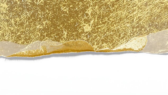 Elegant background featuring a metallic gold foil sheet with a textured, crinkled finish and a rough torn edge arranged horizontally over a clean white background with copy space.