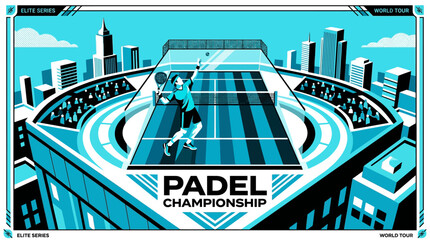 Fototapeta premium Dynamic Padel Tennis Championship Event Illustration With Cityscape Backdrop