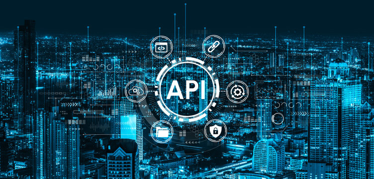 Futuristic Cityscape with API Integration Concept in Digital Network, Showcasing Technology, Data Flow, and Urban Development. Entropy.
