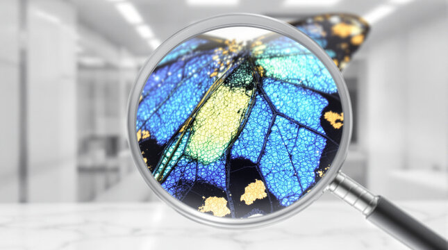 Simple Science Concept Illustration Featuring a Close Up Magnifying Glass Detail Examining the Intricate Texture of a Colorful Butterfly Wing